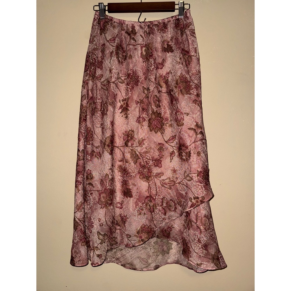 Floral Paisley Chiffon Midi Skirt Mauve Pink High Low Tulip Hem Womens 12P Fairy